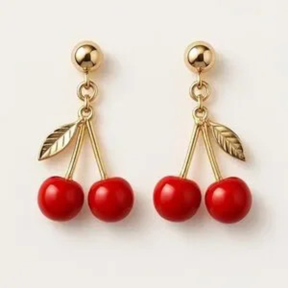 Elegant Gold and Red Cherry Drop Earrings